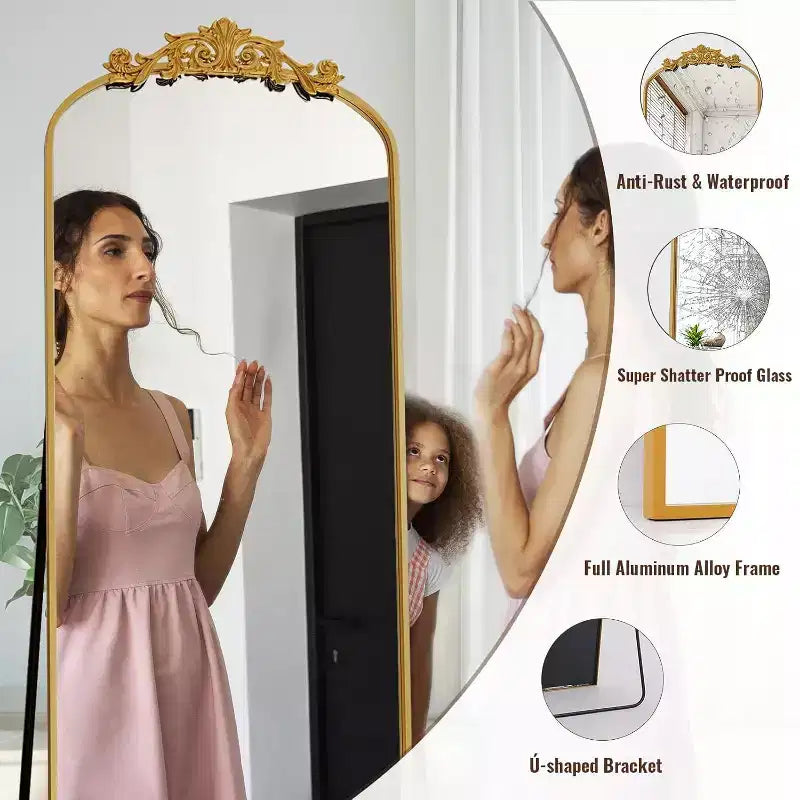 Miroir arqué pleine longueur 65x22, en métal, style baroque vintage, or antique