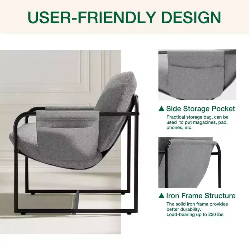 Fauteuil d'appoint du milieu du siècle, ergonomique en lin avec poches latérales et structure en acier gris