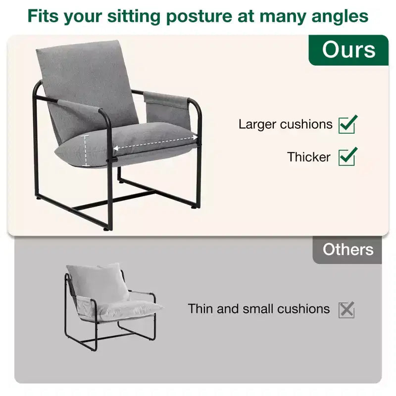 Fauteuil d'appoint du milieu du siècle, ergonomique en lin avec poches latérales et structure en acier gris