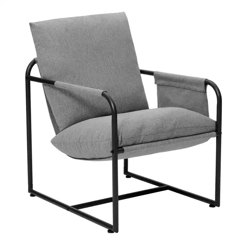 Fauteuil d'appoint du milieu du siècle, ergonomique en lin avec poches latérales et structure en acier gris