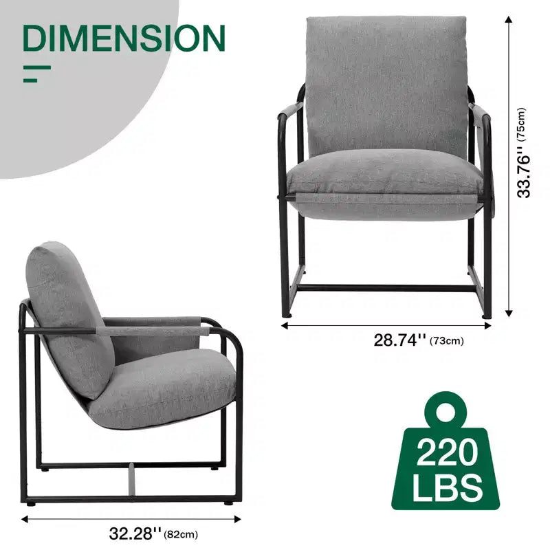 Fauteuil d'appoint du milieu du siècle, ergonomique en lin avec poches latérales et structure en acier gris