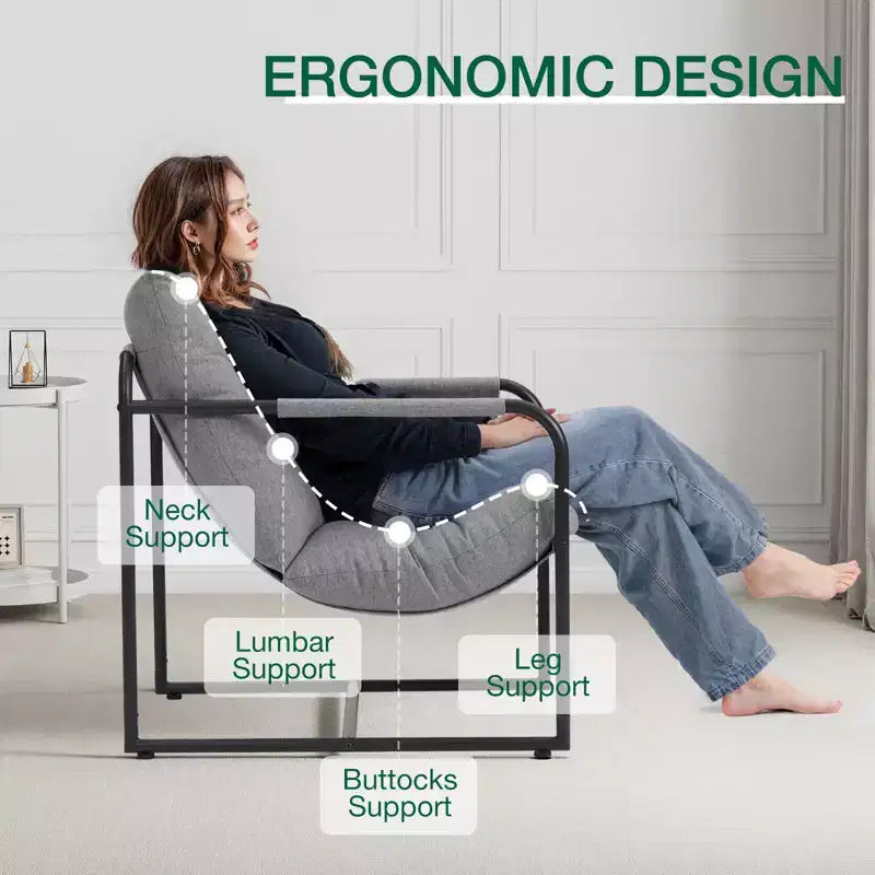 Fauteuil d'appoint du milieu du siècle, ergonomique en lin avec poches latérales et structure en acier gris