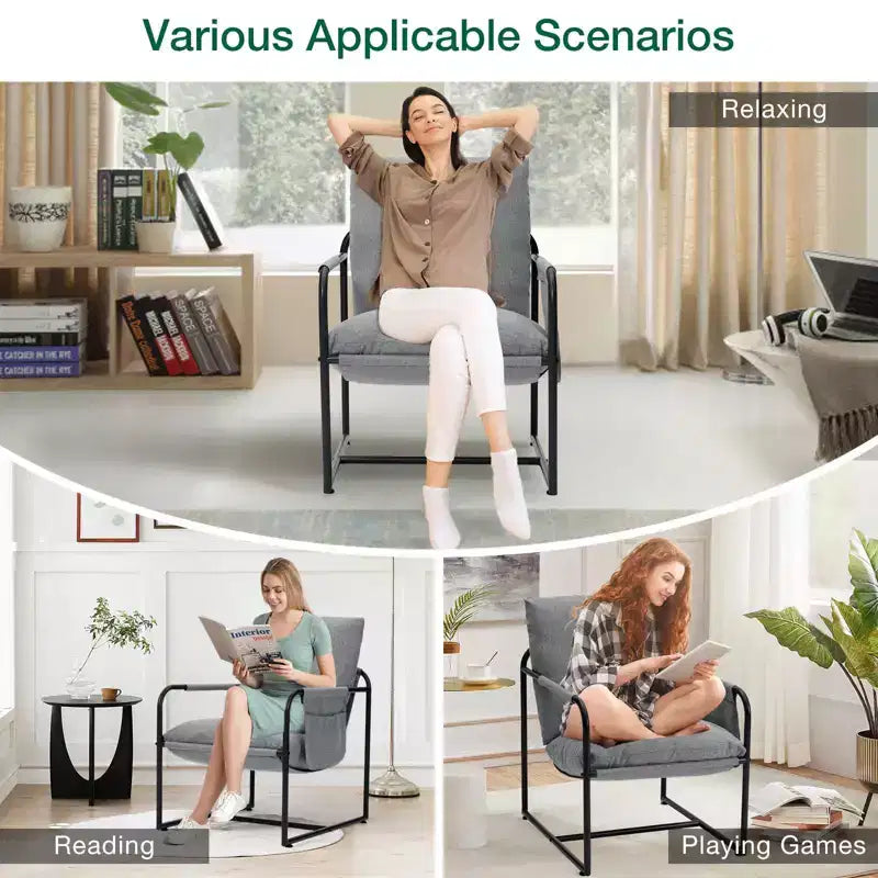 Fauteuil d'appoint du milieu du siècle, ergonomique en lin avec poches latérales et structure en acier gris