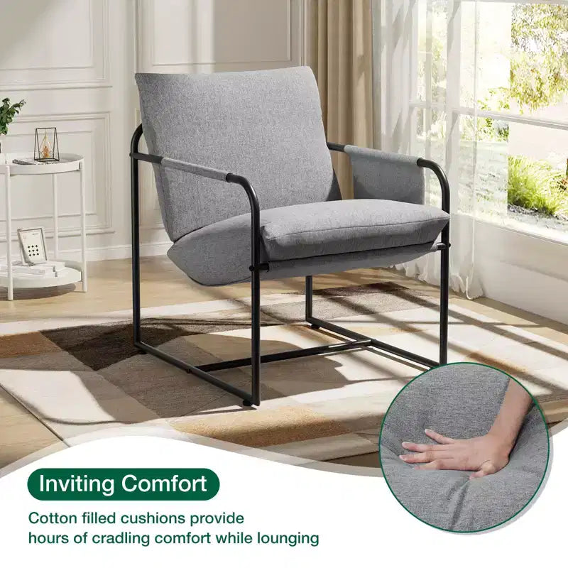 Fauteuil d'appoint du milieu du siècle, ergonomique en lin avec poches latérales et structure en acier gris