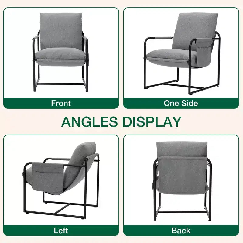 Fauteuil d'appoint du milieu du siècle, ergonomique en lin avec poches latérales et structure en acier gris