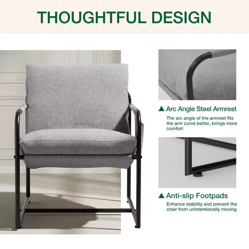 Fauteuil d'appoint du milieu du siècle, ergonomique en lin avec poches latérales et structure en acier gris