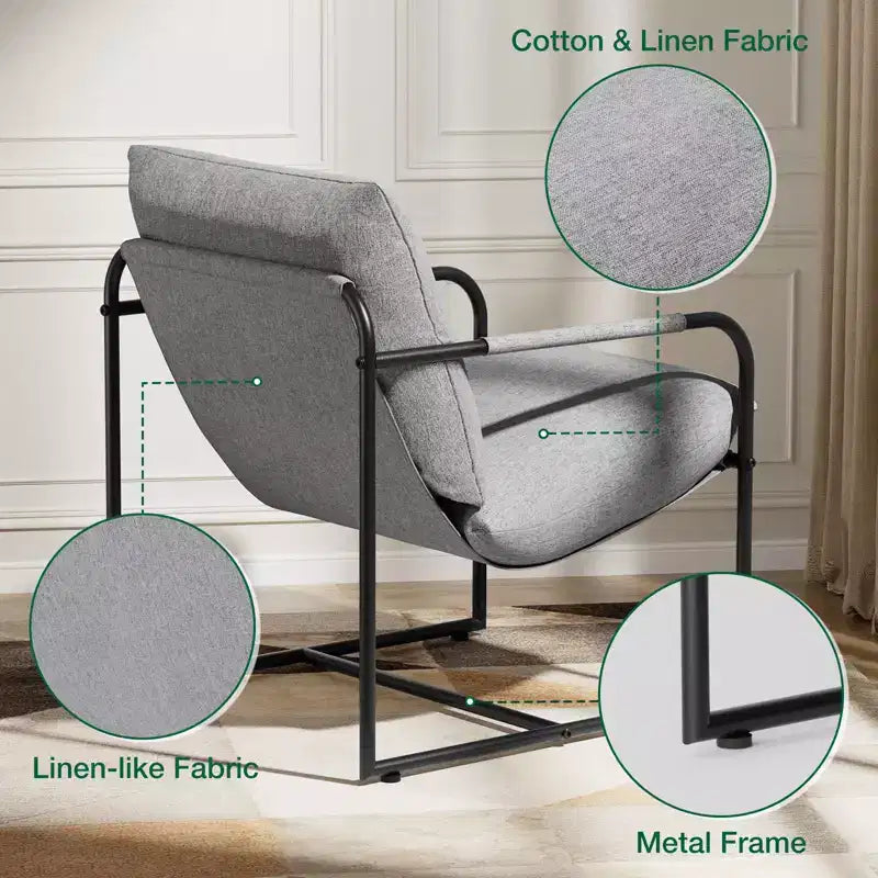 Fauteuil d'appoint du milieu du siècle, ergonomique en lin avec poches latérales et structure en acier gris
