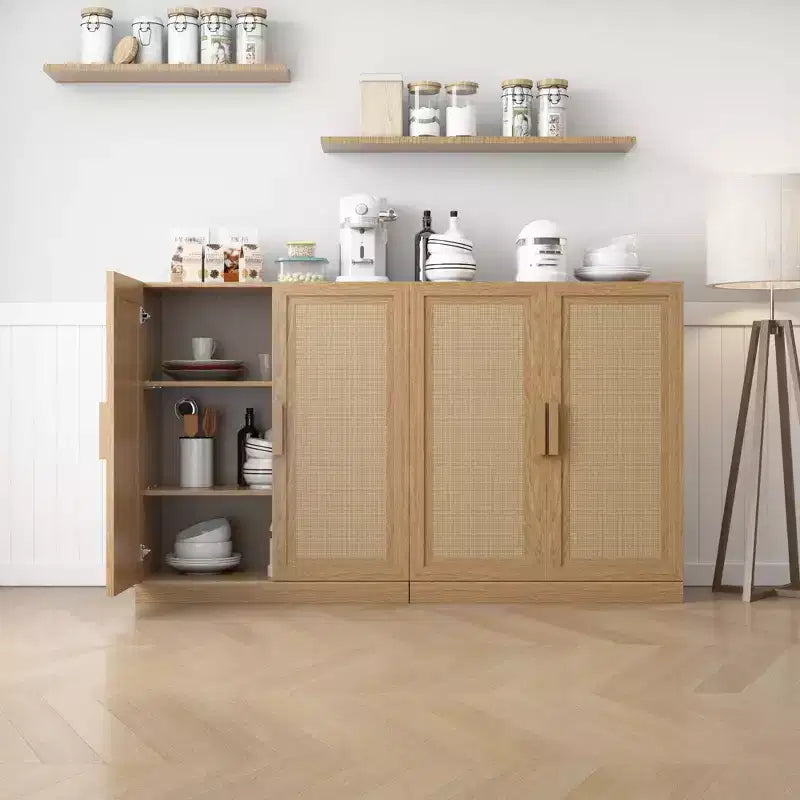 36x62x16 Wood Grain Buffet Cabinet, Storage Organizer with Adjustable Shelves and Rattan Doors for Kitchen Bedroom Living/Dinning Room