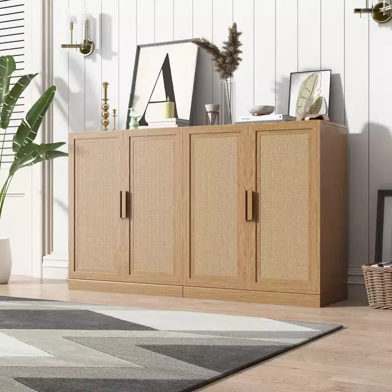 Buffet Armoire 36x62x16 Effet Bois, Organisateur de Rangement avec Étagères Réglables et Portes en Rotin pour Cuisine Chambre Salon/Salle à Manger