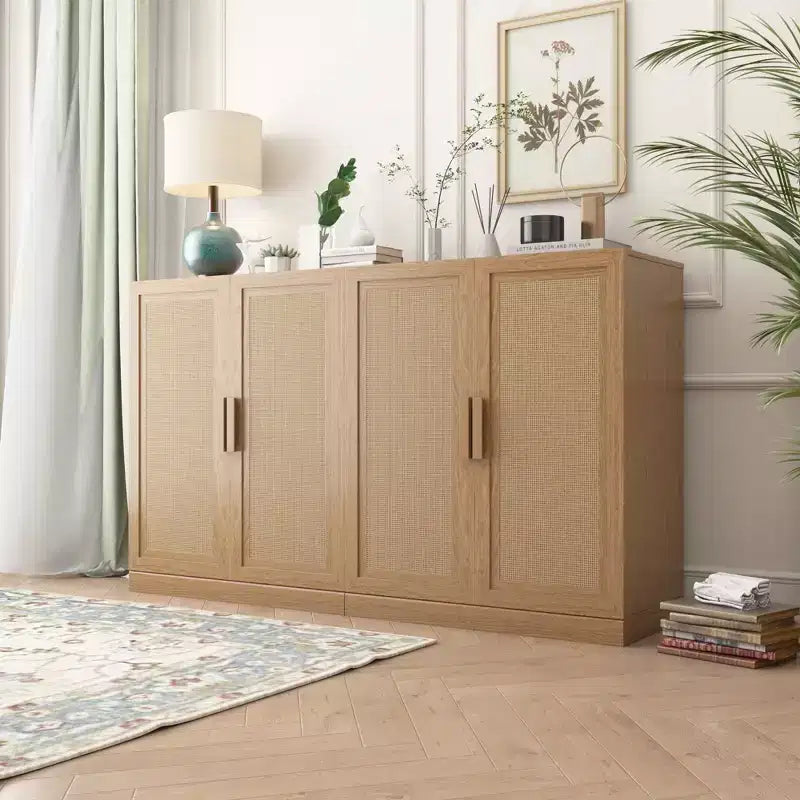 Buffet Armoire 36x62x16 Effet Bois, Organisateur de Rangement avec Étagères Réglables et Portes en Rotin pour Cuisine Chambre Salon/Salle à Manger