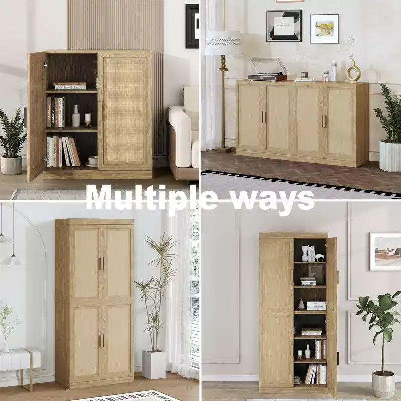 Buffet Armoire 36x62x16 Effet Bois, Organisateur de Rangement avec Étagères Réglables et Portes en Rotin pour Cuisine Chambre Salon/Salle à Manger