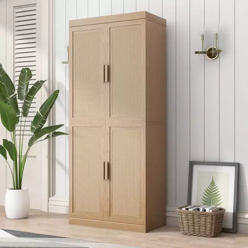 Buffet Armoire 36x62x16 Effet Bois, Organisateur de Rangement avec Étagères Réglables et Portes en Rotin pour Cuisine Chambre Salon/Salle à Manger