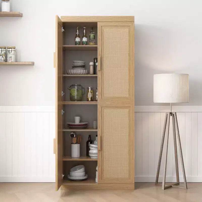Buffet Armoire 36x62x16 Effet Bois, Organisateur de Rangement avec Étagères Réglables et Portes en Rotin pour Cuisine Chambre Salon/Salle à Manger