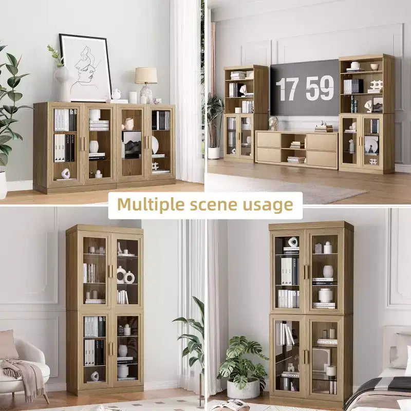 Meuble d'appoint en bois 72x62x16, Organiseur de rangement avec étagères réglables et portes vitrées pour Cuisine Chambre Entrée Salon/Salle à manger