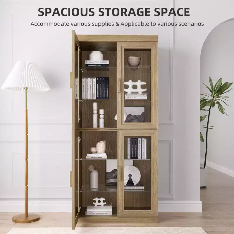 Meuble d'appoint en bois 72x62x16, Organiseur de rangement avec étagères réglables et portes vitrées pour Cuisine Chambre Entrée Salon/Salle à manger