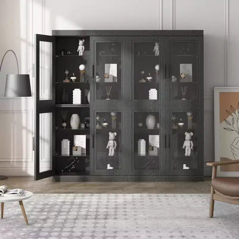 Wood Accent Cabinet in Black, Storage Organizer with Adjustable Shelves and Glass Doors for Kitchen Bedroom Living Room Dinning Room