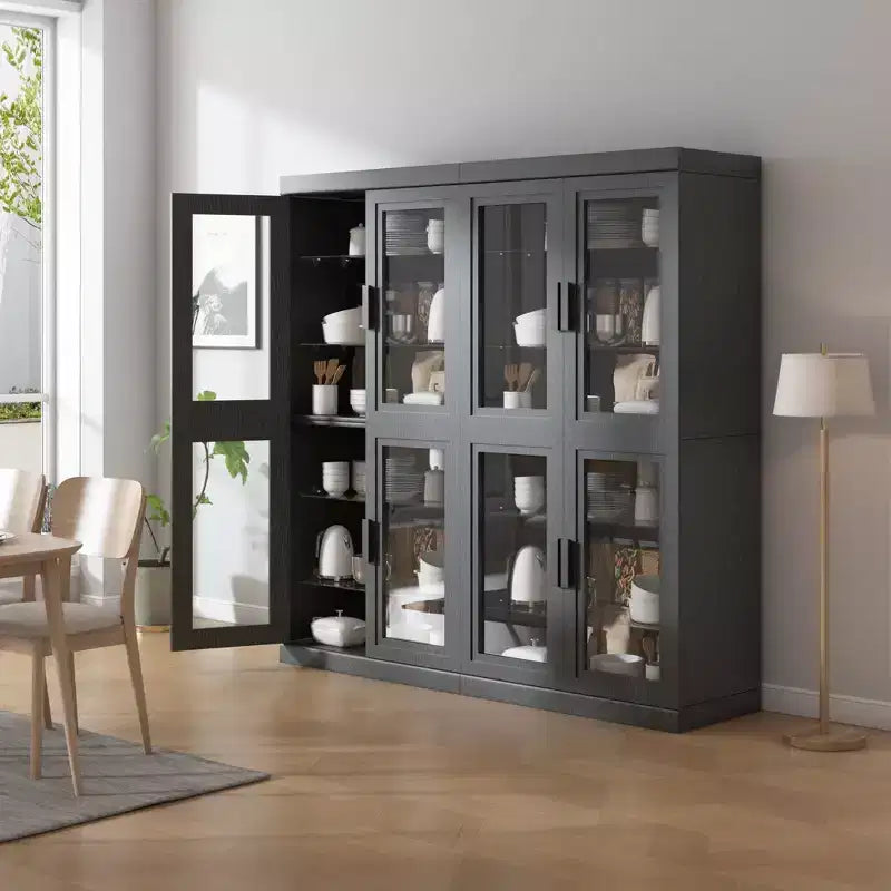 Meuble d'appoint en bois noir, organisateur de rangement avec étagères réglables et portes vitrées pour cuisine, chambre, salon, salle à manger