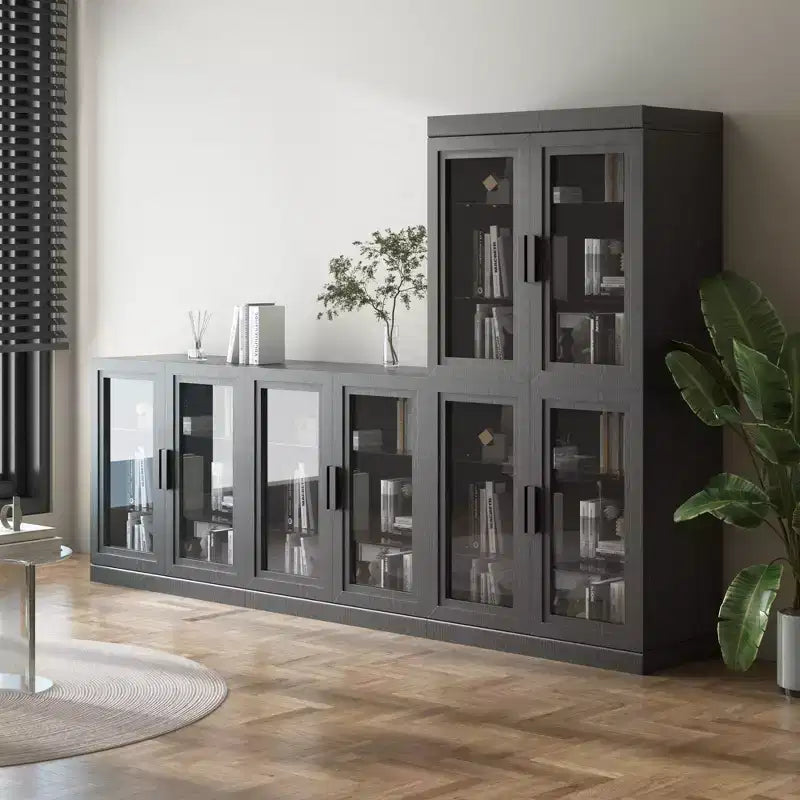 Meuble d'appoint en bois noir, organisateur de rangement avec étagères réglables et portes vitrées pour cuisine, chambre, salon, salle à manger