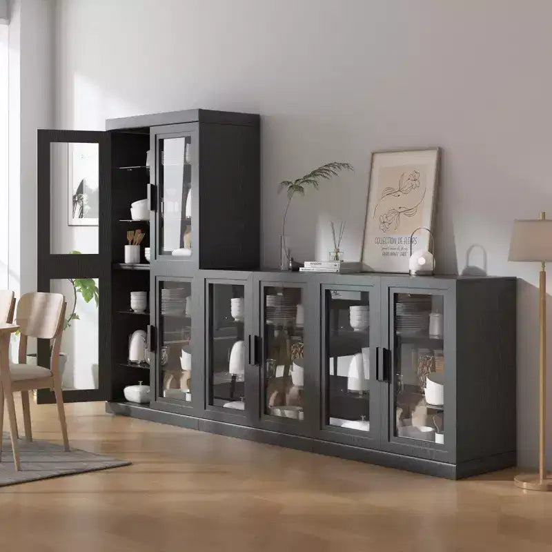 Meuble d'appoint en bois noir, organisateur de rangement avec étagères réglables et portes vitrées pour cuisine, chambre, salon, salle à manger