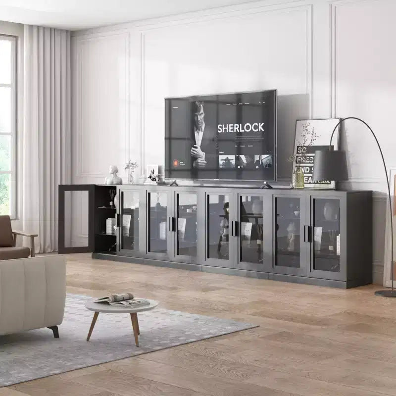 Meuble d'appoint en bois noir, organisateur de rangement avec étagères réglables et portes vitrées pour cuisine, chambre, salon, salle à manger