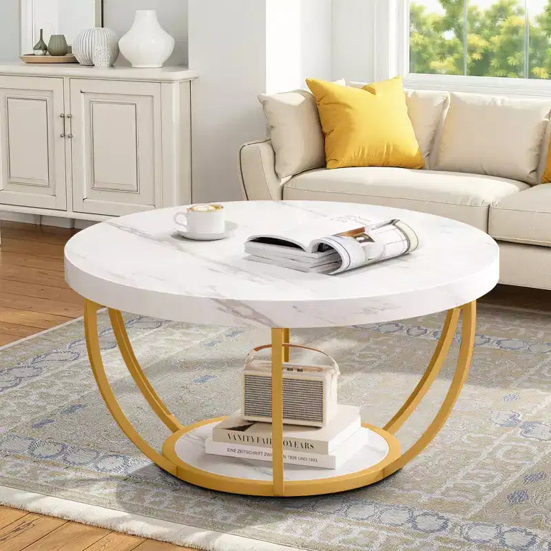 Table basse ronde à 2 niveaux en bois d'ingénierie épaissi, base en métal robuste
