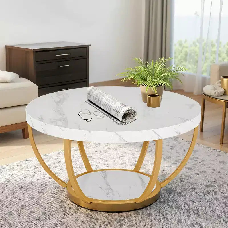 Table basse ronde à 2 niveaux en bois d'ingénierie épaissi, base en métal robuste