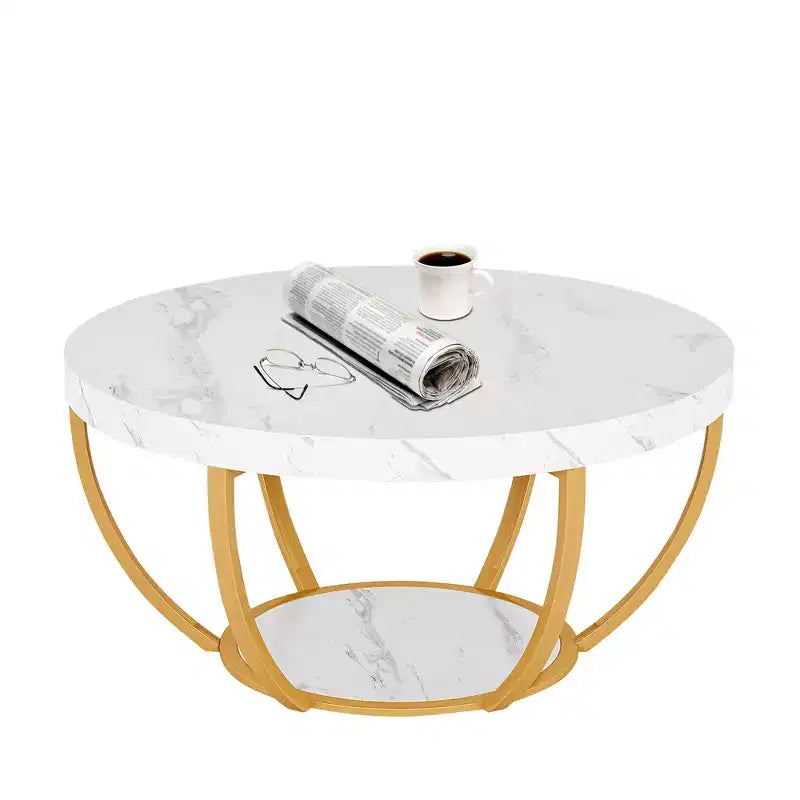 Table basse ronde à 2 niveaux en bois d'ingénierie épaissi, base en métal robuste
