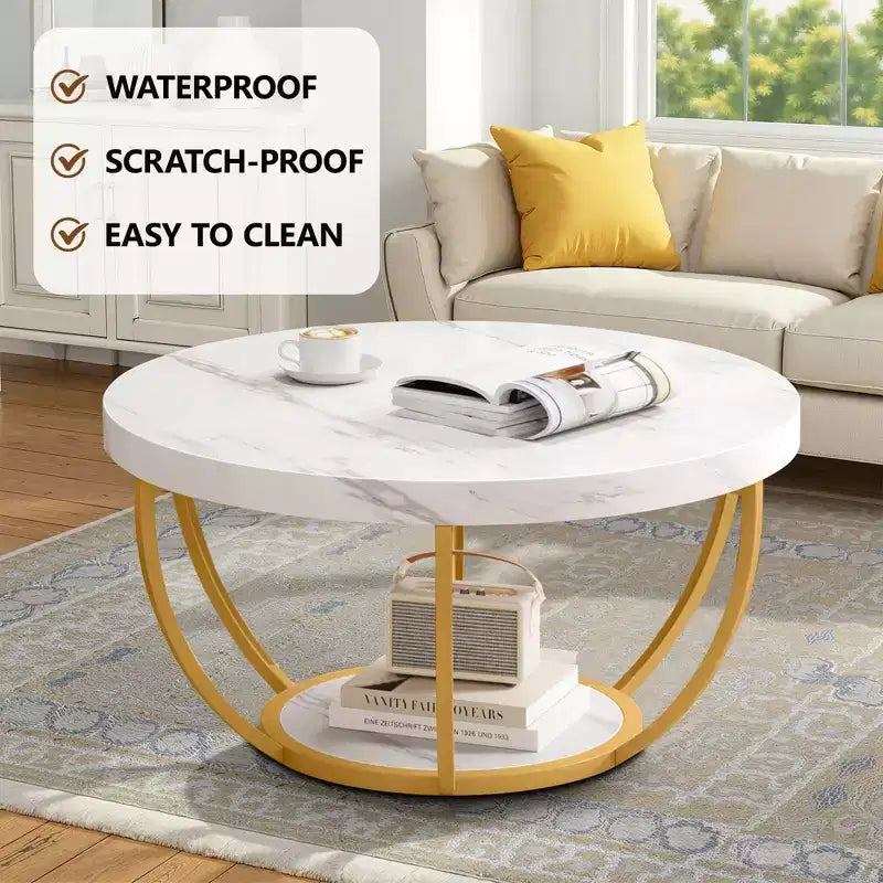 Table basse ronde à 2 niveaux en bois d'ingénierie épaissi, base en métal robuste