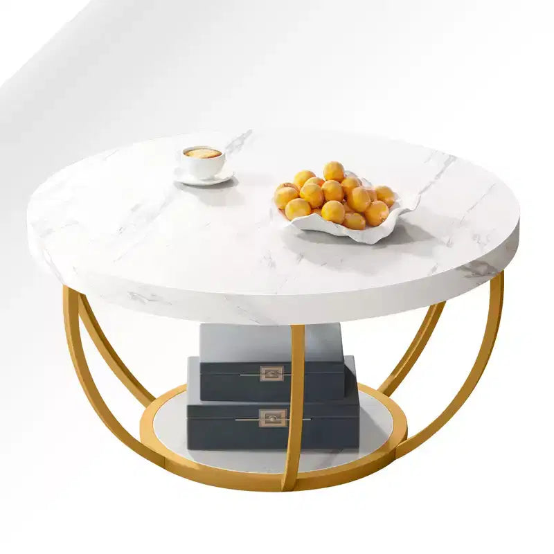 Table basse ronde à 2 niveaux en bois d'ingénierie épaissi, base en métal robuste