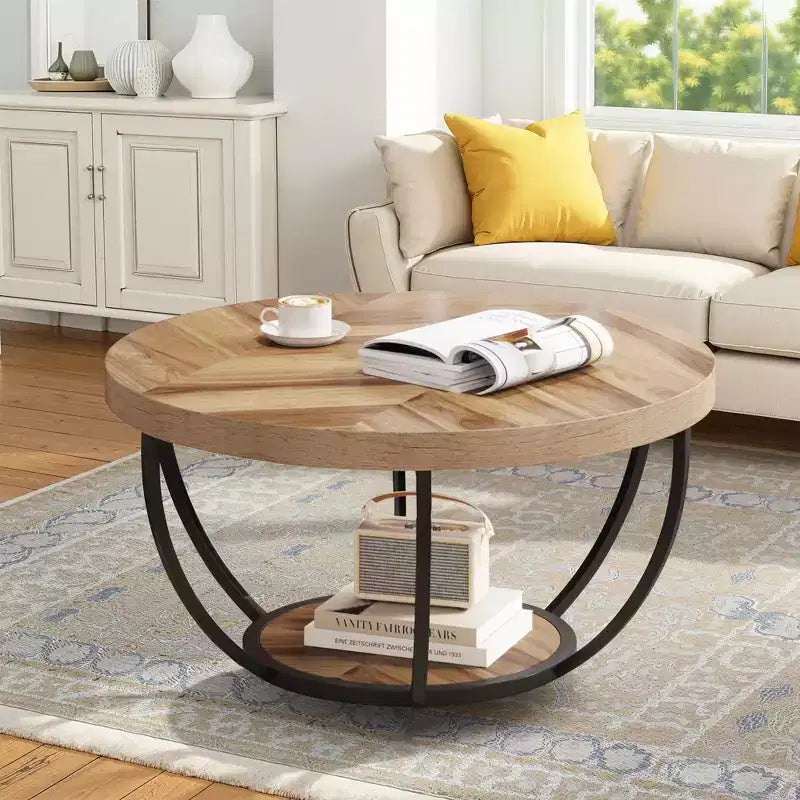 Table basse ronde à 2 niveaux en bois d'ingénierie épaissi, base en métal robuste