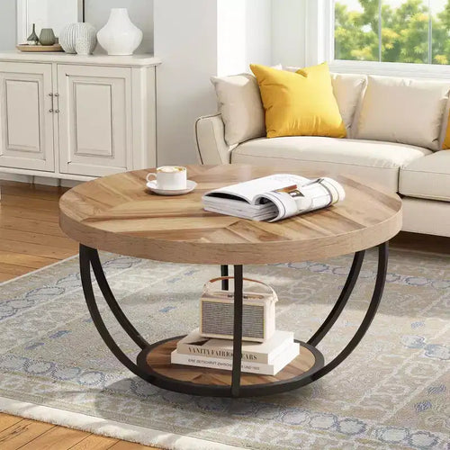 Table basse ronde à 2 niveaux en bois d'ingénierie épaissi, base en métal robuste
