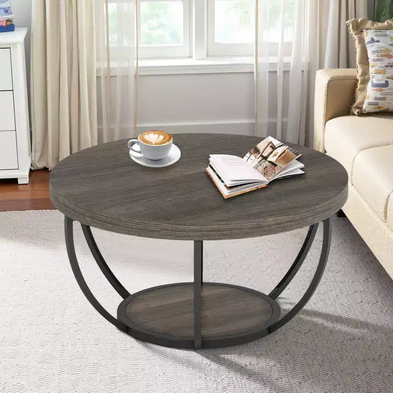 Table basse ronde à 2 niveaux en bois d'ingénierie épaissi, base en métal robuste