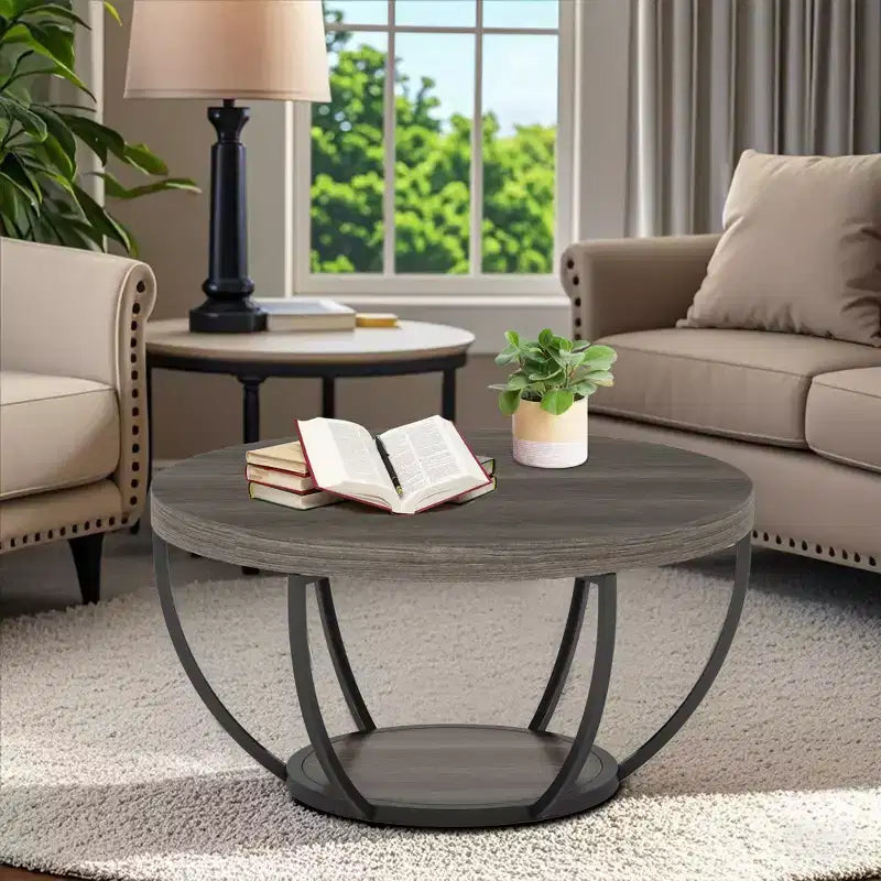 Table basse ronde à 2 niveaux en bois d'ingénierie épaissi, base en métal robuste