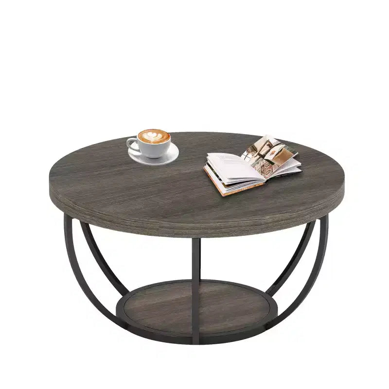 Table basse ronde à 2 niveaux en bois d'ingénierie épaissi, base en métal robuste