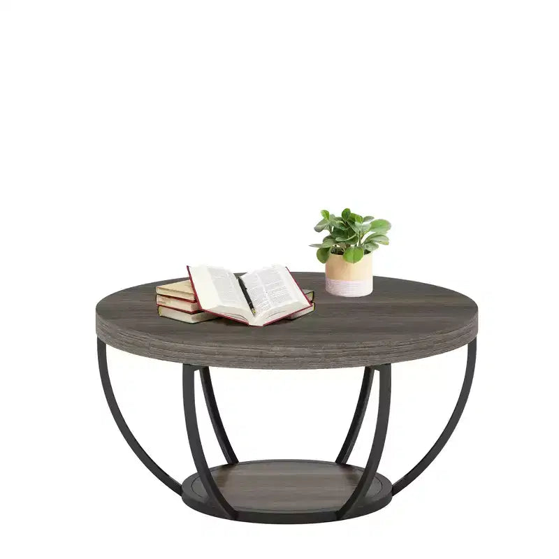 Table basse ronde à 2 niveaux en bois d'ingénierie épaissi, base en métal robuste