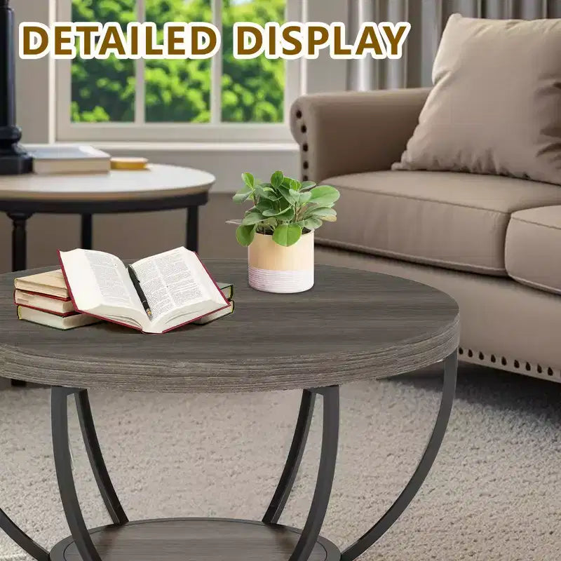 Table basse ronde à 2 niveaux en bois d'ingénierie épaissi, base en métal robuste
