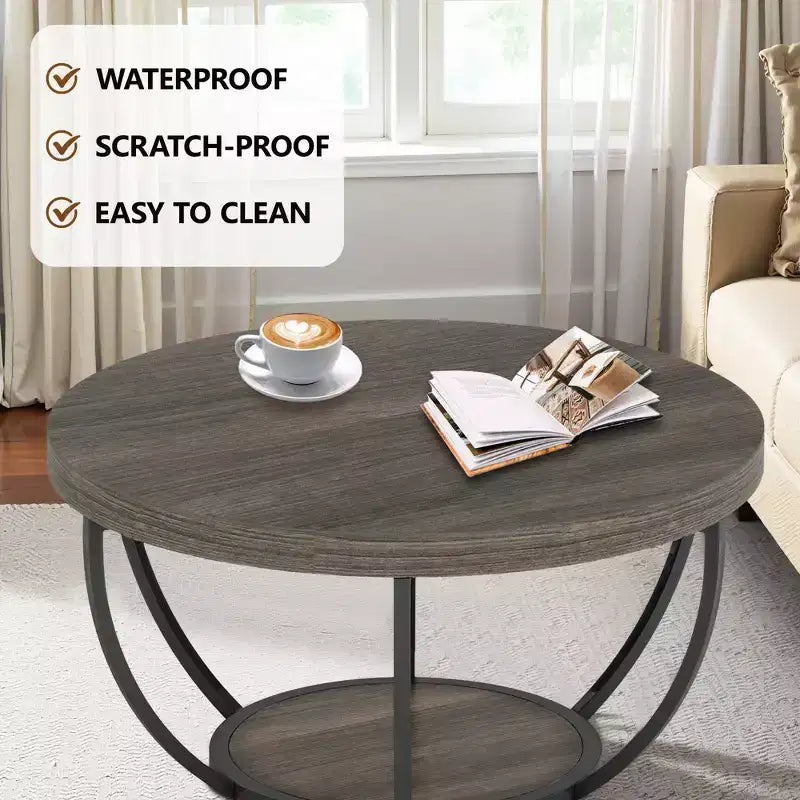 Table basse ronde à 2 niveaux en bois d'ingénierie épaissi, base en métal robuste