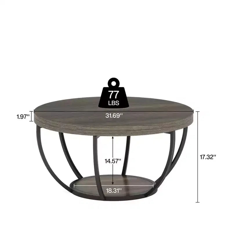 Table basse ronde à 2 niveaux en bois d'ingénierie épaissi, base en métal robuste