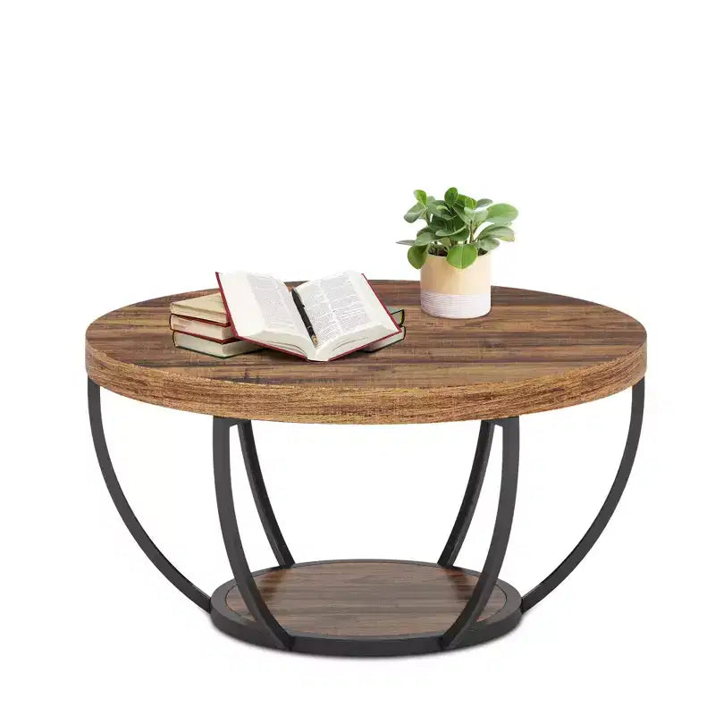 Table basse ronde à 2 niveaux en bois d'ingénierie épaissi, base en métal robuste