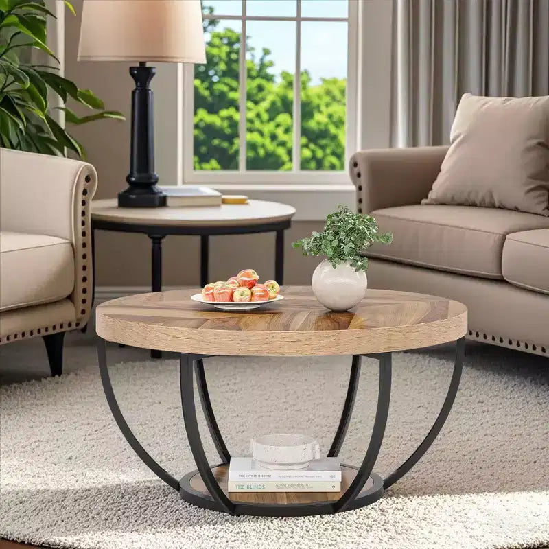 Table basse ronde à 2 niveaux en bois d'ingénierie épaissi, base en métal robuste