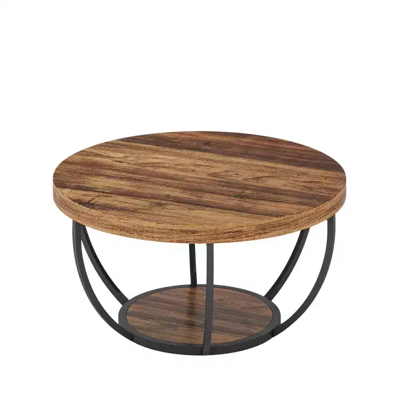 Table basse ronde à 2 niveaux en bois d'ingénierie épaissi, base en métal robuste