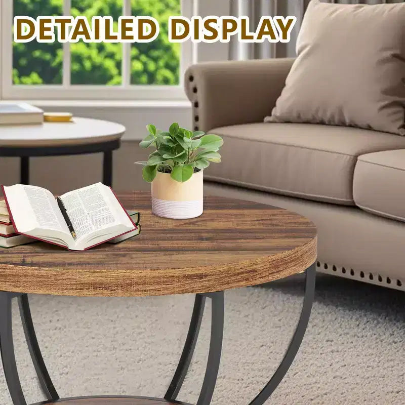 Table basse ronde à 2 niveaux en bois d'ingénierie épaissi, base en métal robuste