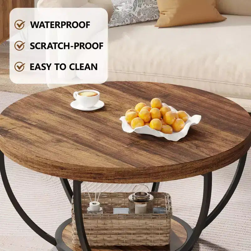 Table basse ronde à 2 niveaux en bois d'ingénierie épaissi, base en métal robuste