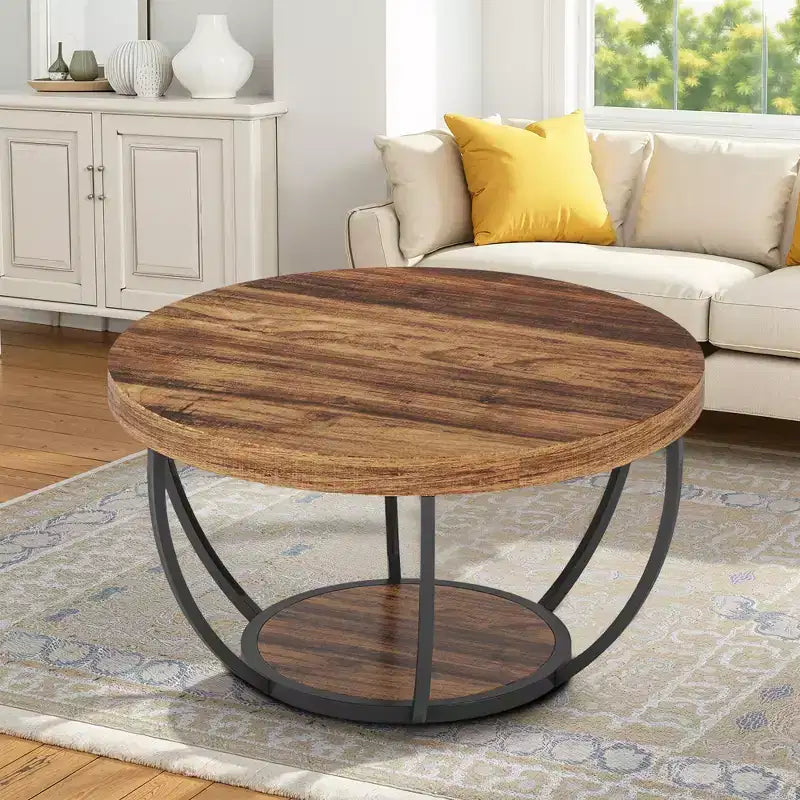 Table basse ronde à 2 niveaux en bois d'ingénierie épaissi, base en métal robuste
