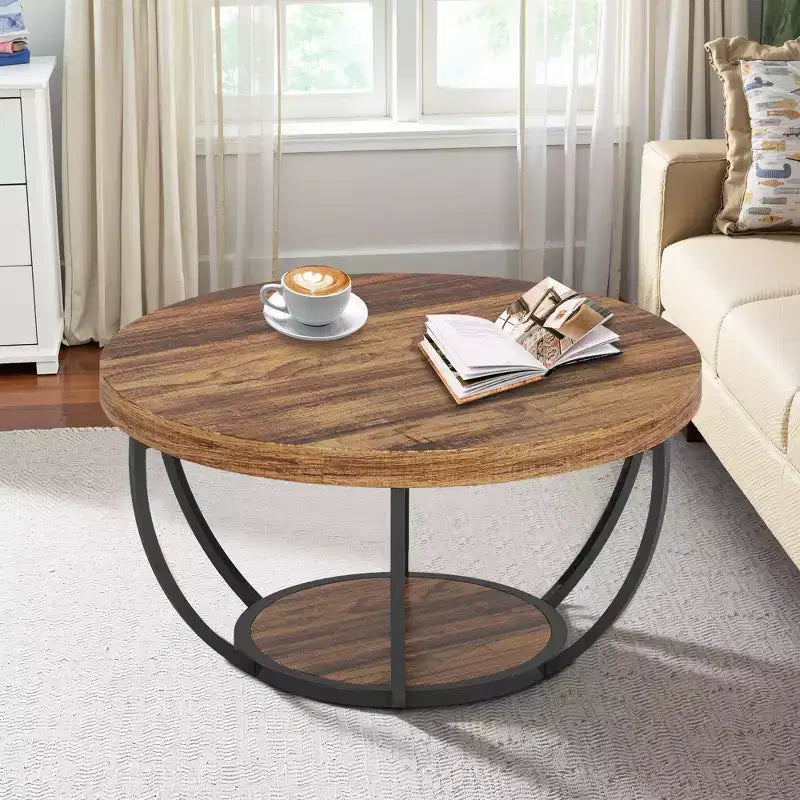 Table basse ronde à 2 niveaux en bois d'ingénierie épaissi, base en métal robuste