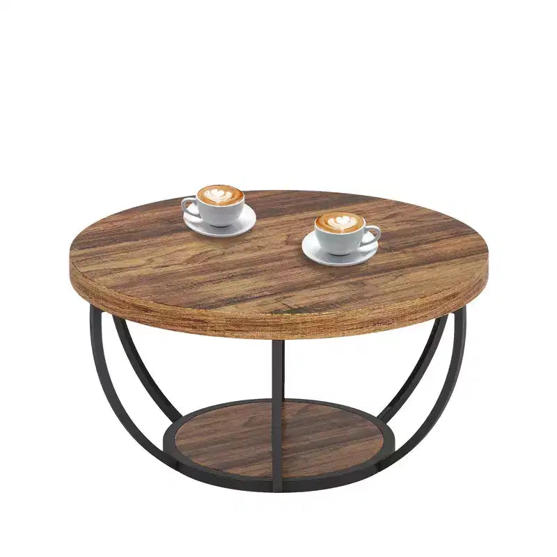 Table basse ronde à 2 niveaux en bois d'ingénierie épaissi, base en métal robuste