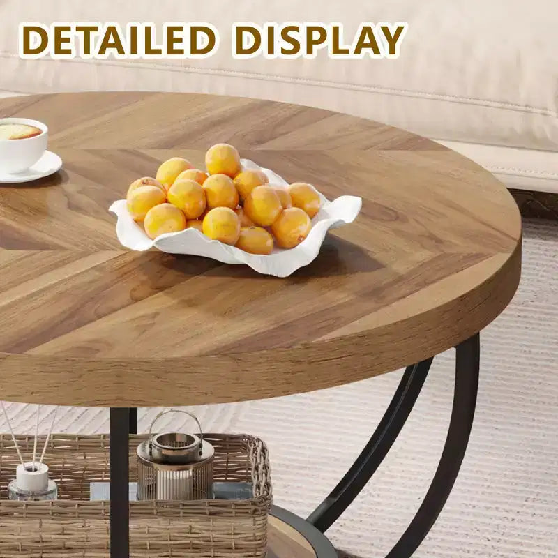 Table basse ronde à 2 niveaux en bois d'ingénierie épaissi, base en métal robuste