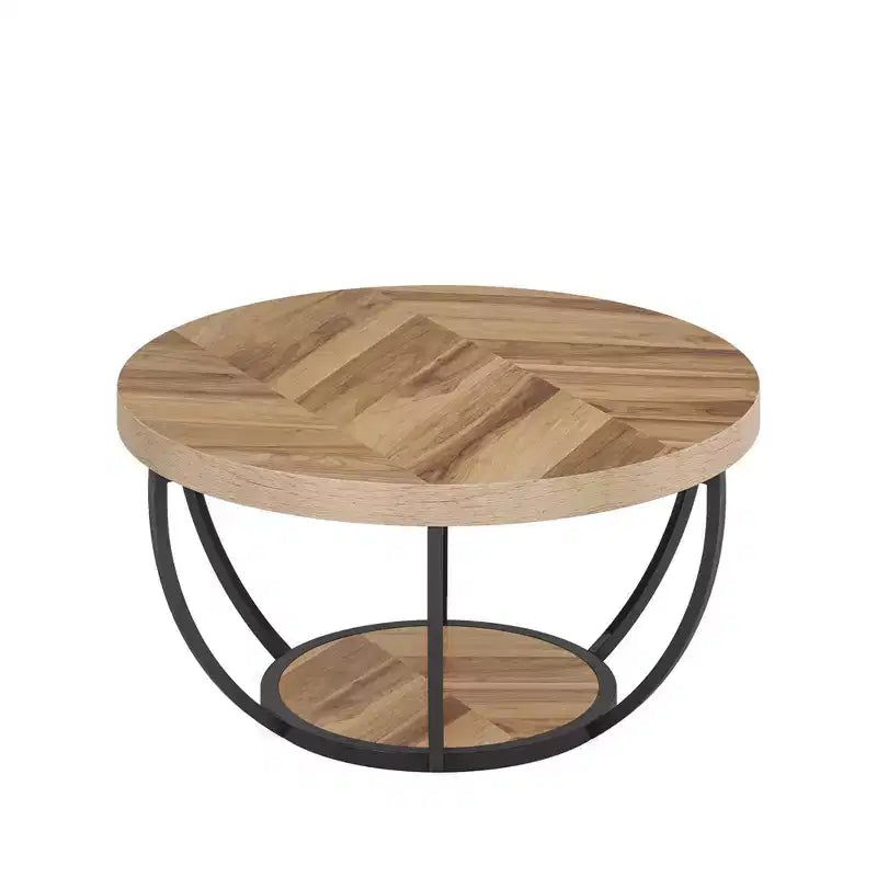 Table basse ronde à 2 niveaux en bois d'ingénierie épaissi, base en métal robuste