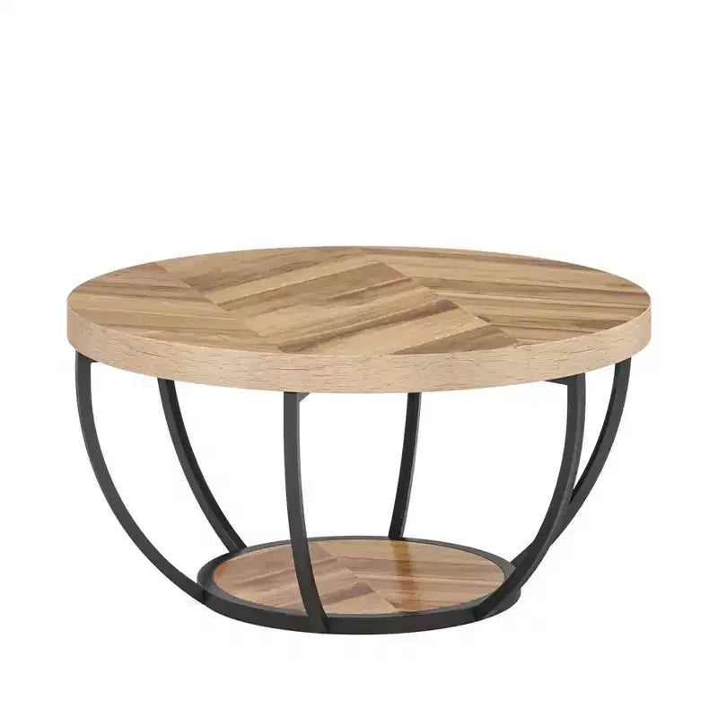 Table basse ronde à 2 niveaux en bois d'ingénierie épaissi, base en métal robuste