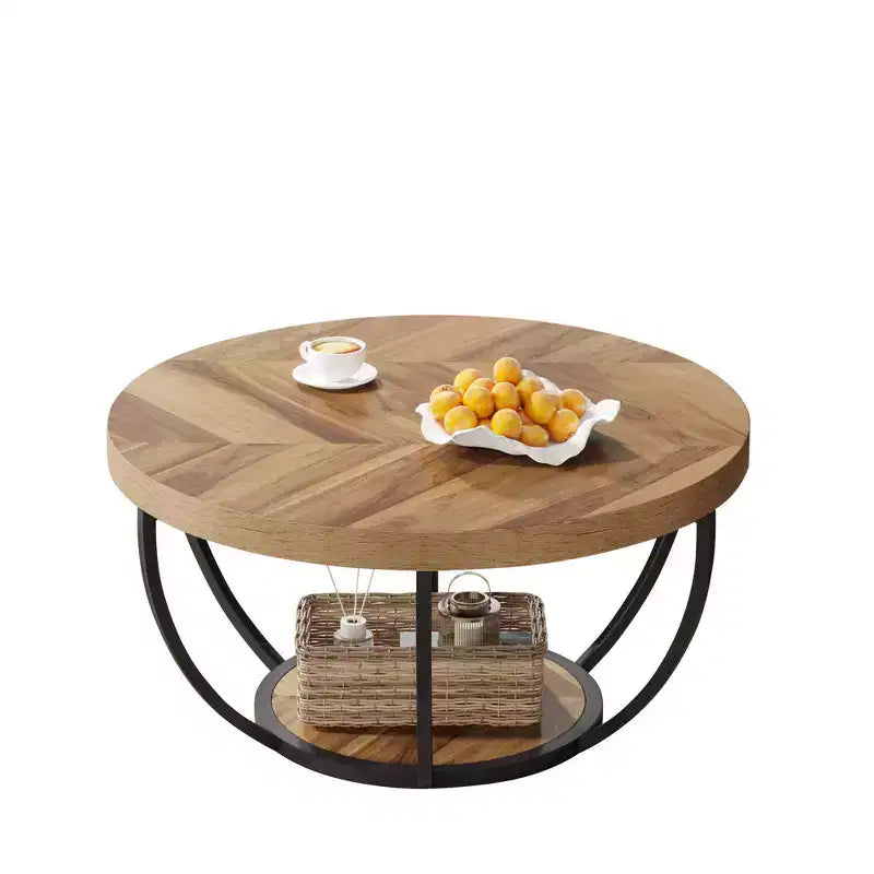 Table basse ronde à 2 niveaux en bois d'ingénierie épaissi, base en métal robuste